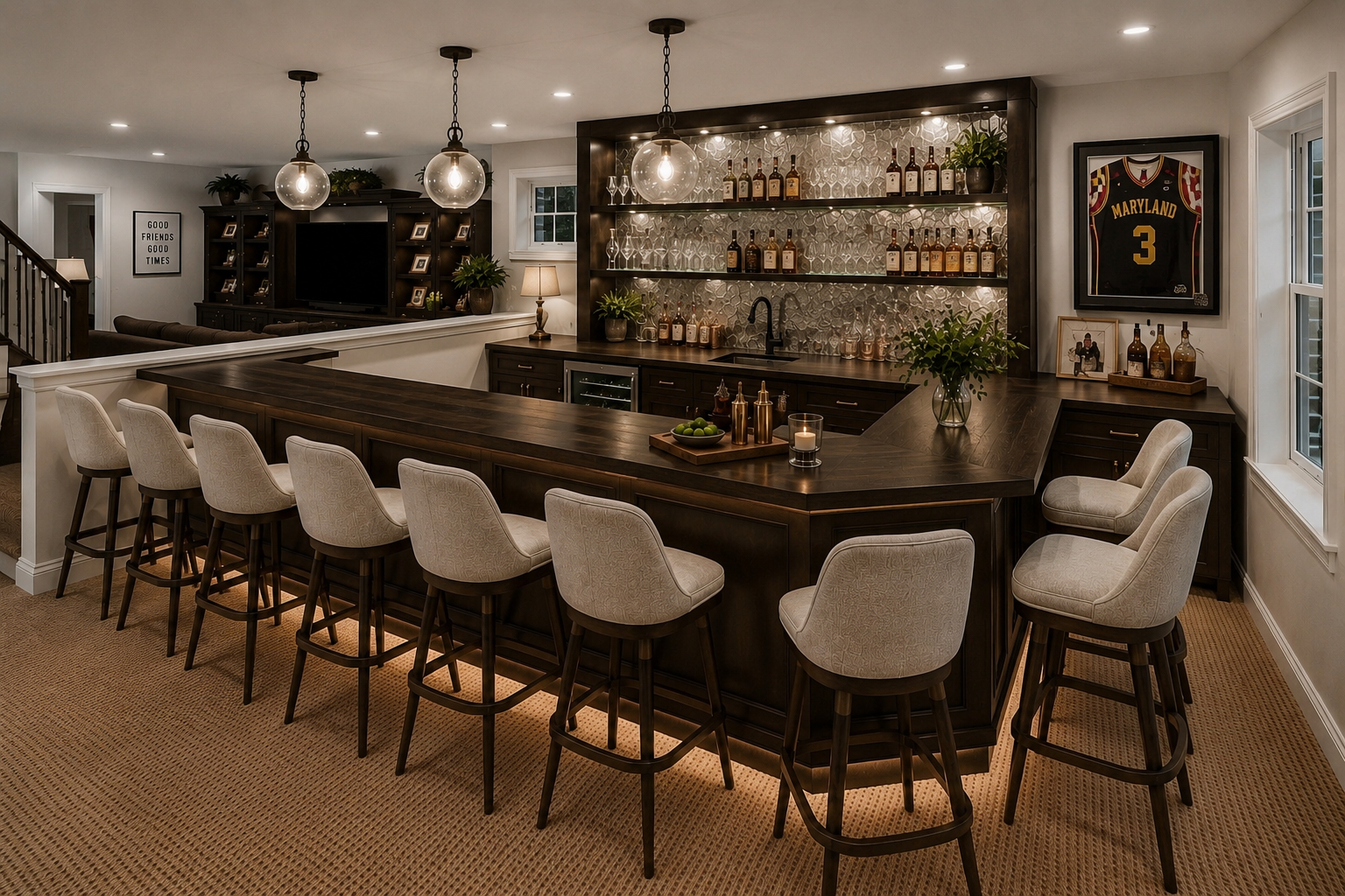 Reimagined lower level as an entertainer's bar with a dark wood U-shaped bar, upholstered stools, and mirrored backsplash