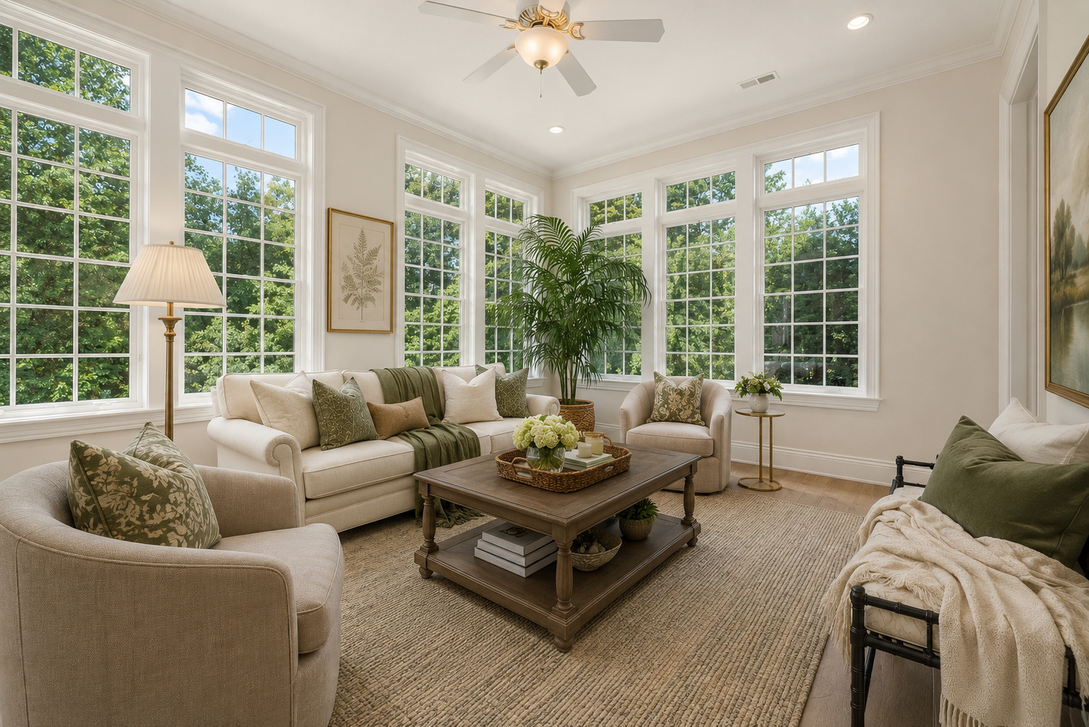 Reimagined sunroom with cream sofa, sage green accents, natural jute rug, and a farmhouse coffee table