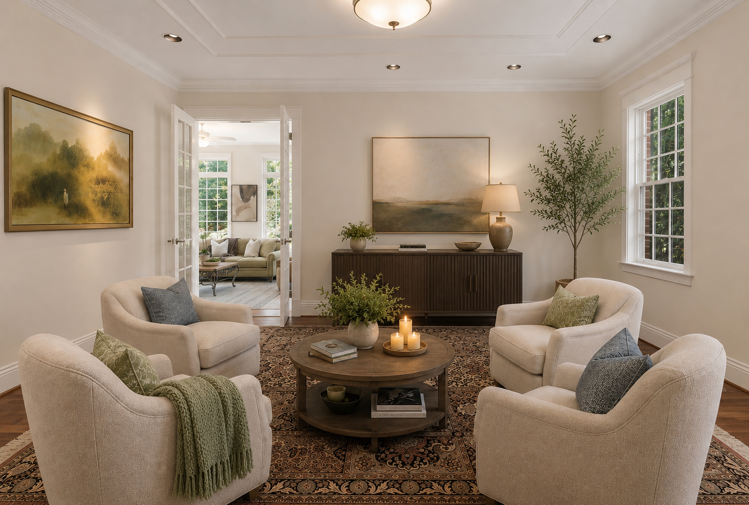 Reimagined music conservatory as a serene sitting room with four cream swivel chairs, round wood coffee table, and landscape art