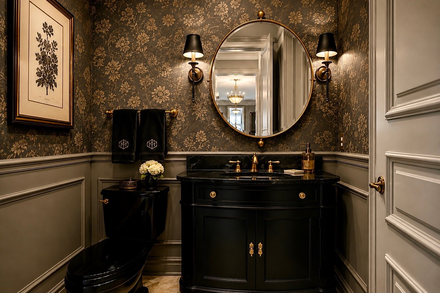 Reimagined powder room with moody dark floral wallpaper, gray wainscoting, round brass mirror, and glossy black vanity