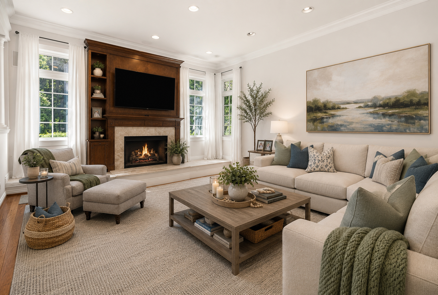 Reimagined family room with warm wood built-in surround, mounted TV, sectional in soft neutrals, and landscape art