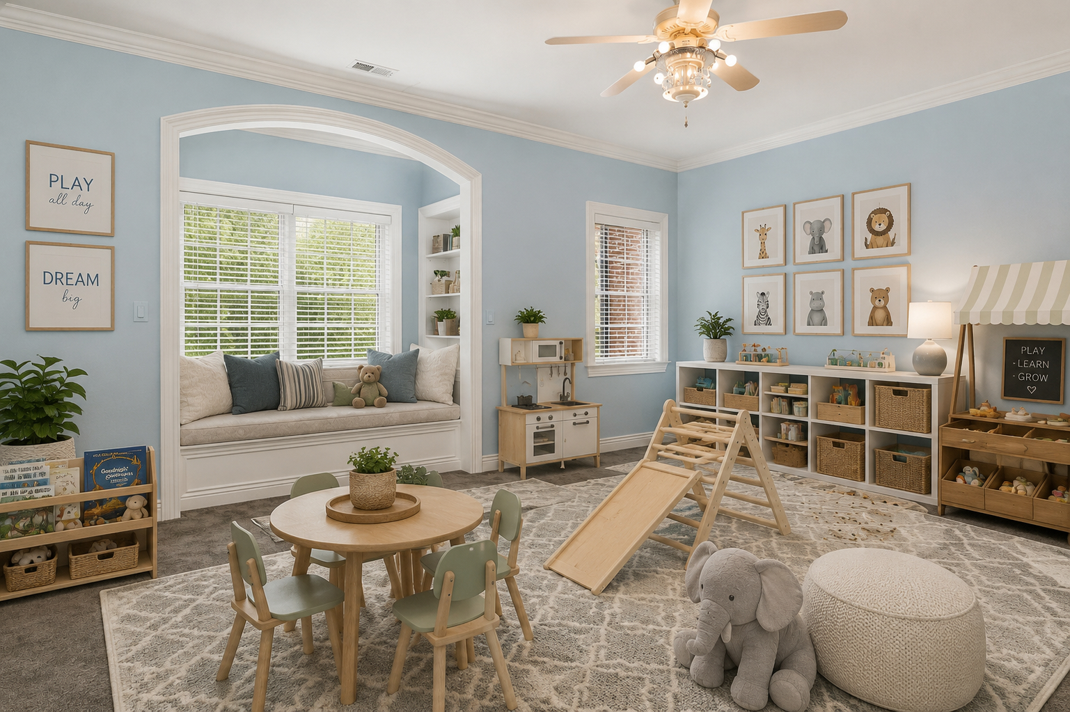 Reimagined rec room as a bright toddler playroom with play kitchen, climbing triangle, animal art, and reading nook