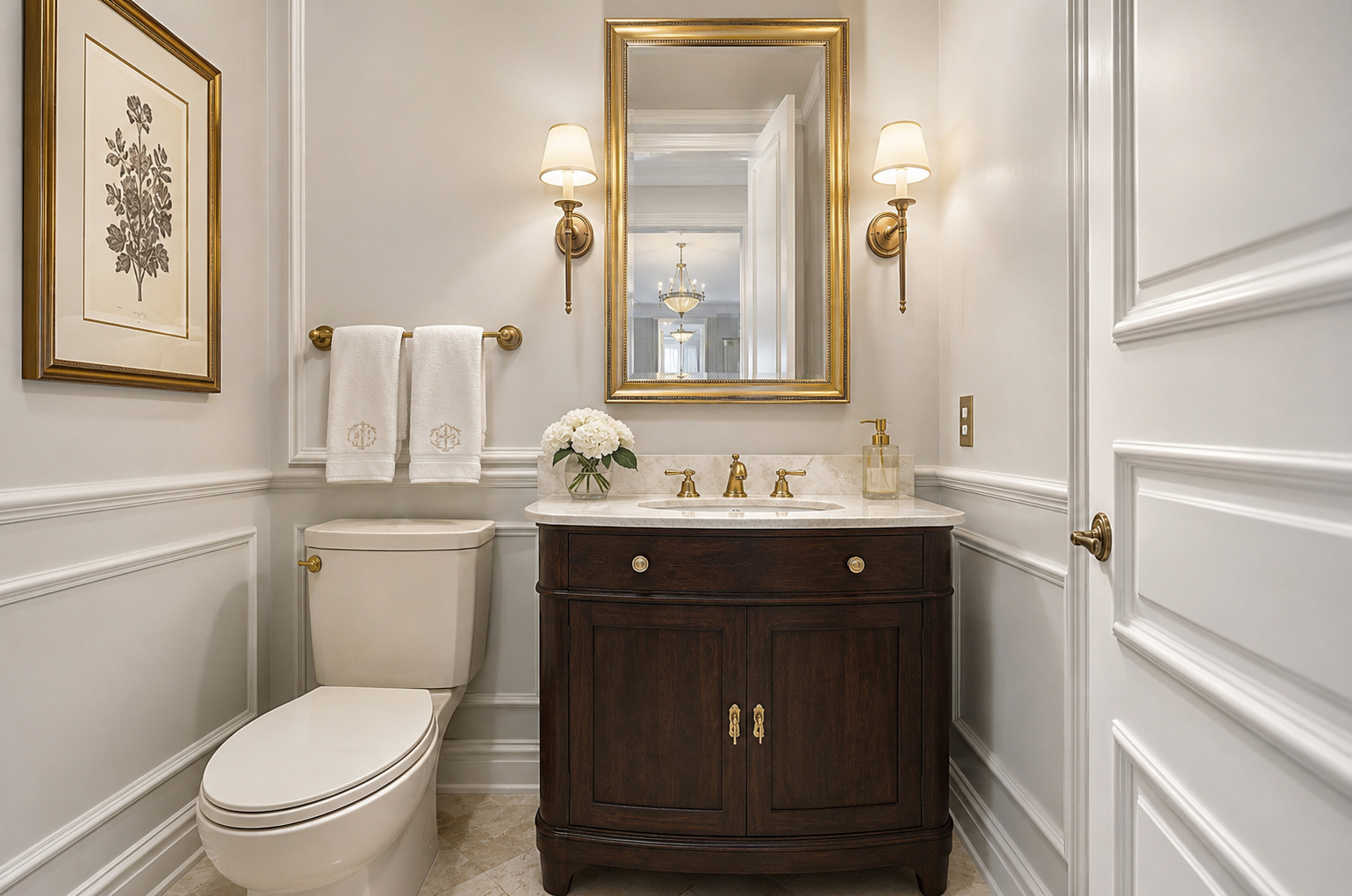 Reimagined powder room with pale gray walls, tall wainscoting, gold-framed rectangular mirror, and dark wood vanity