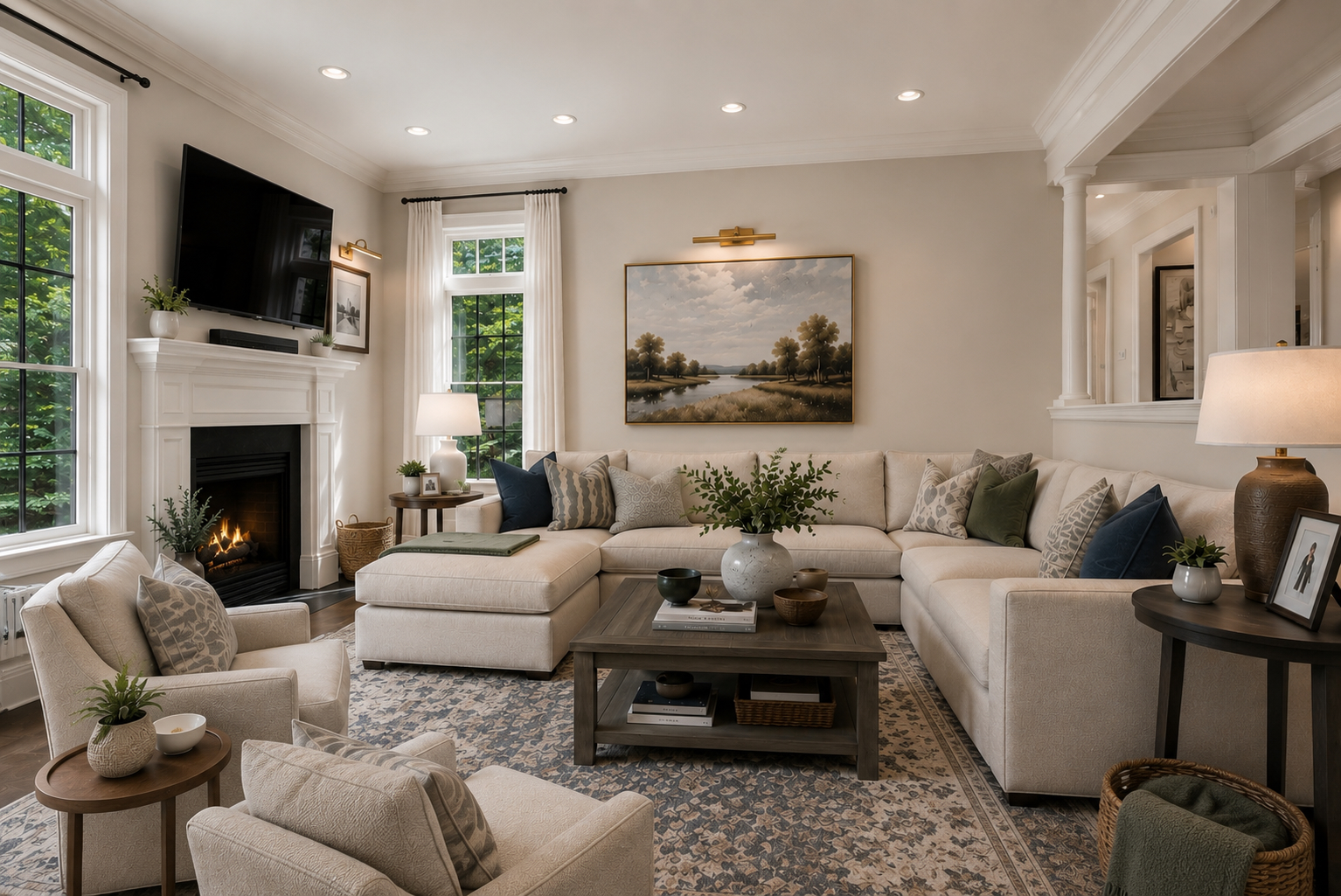 Reimagined family room with white painted mantel, landscape art, and layered neutrals