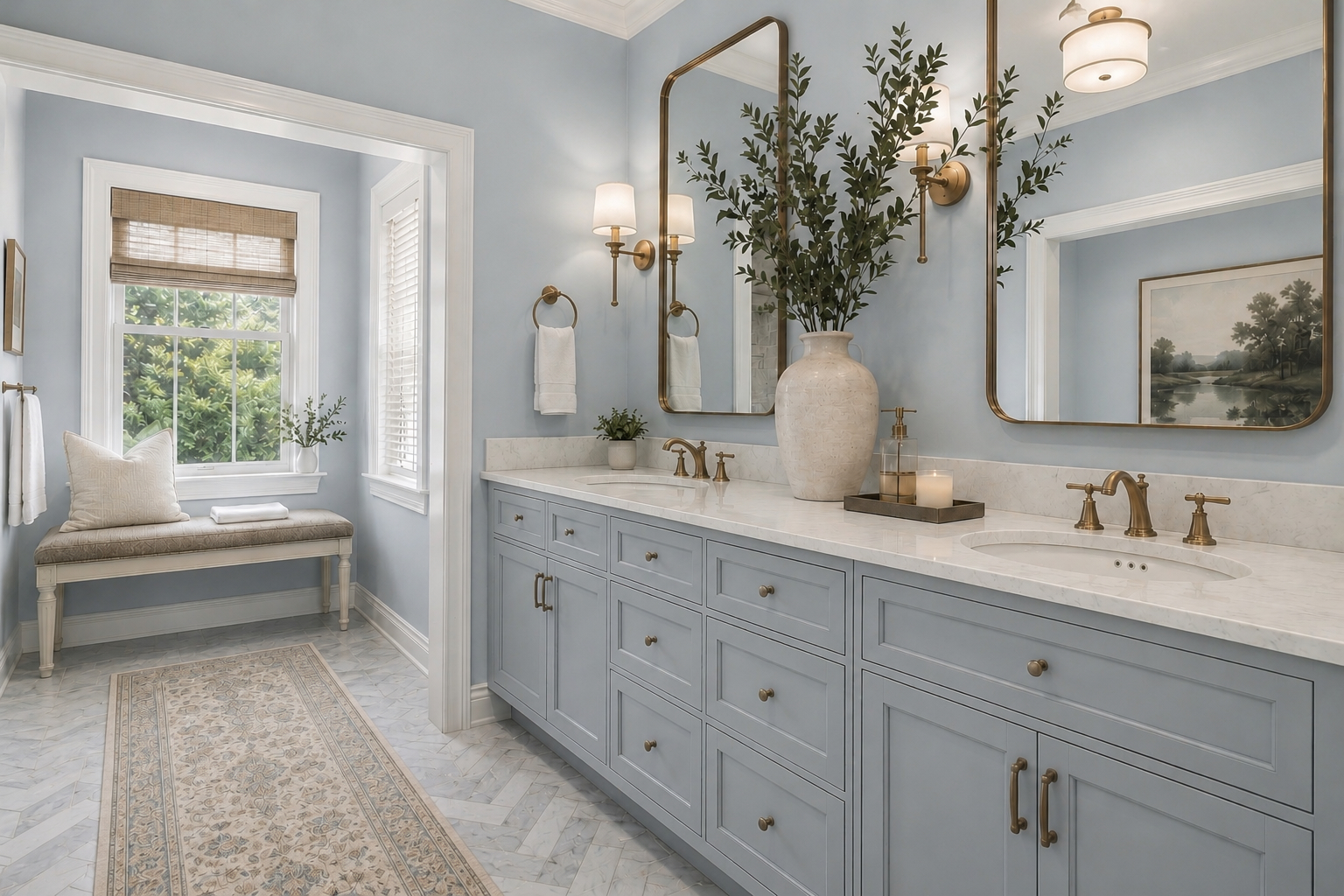 Reimagined primary bath with soft blue walls, dove-gray cabinetry, brass sconces, and marble mosaic floor
