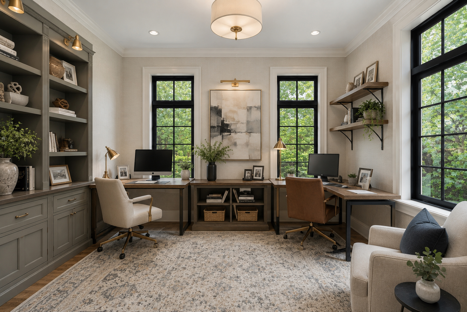 Reimagined main floor office as a bright dual workspace with two desks, gray built-ins, and brass picture lights
