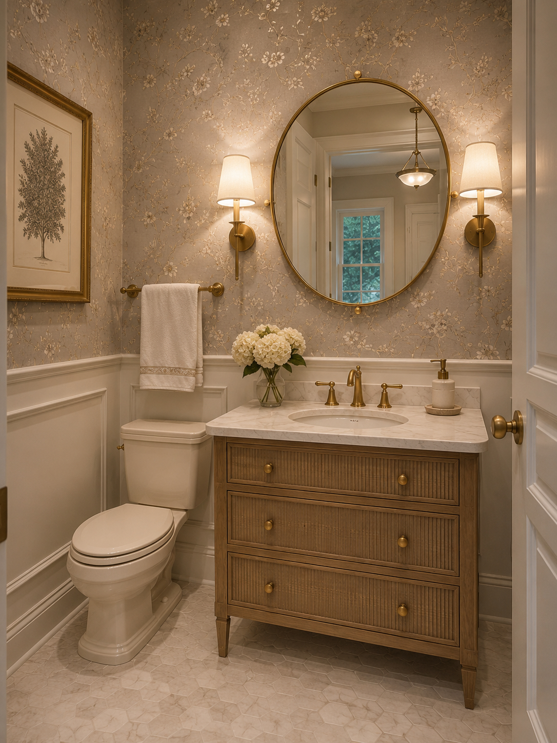 Reimagined powder room with soft floral wallpaper, white wainscoting, oval brass mirror, and fluted wood vanity with marble top