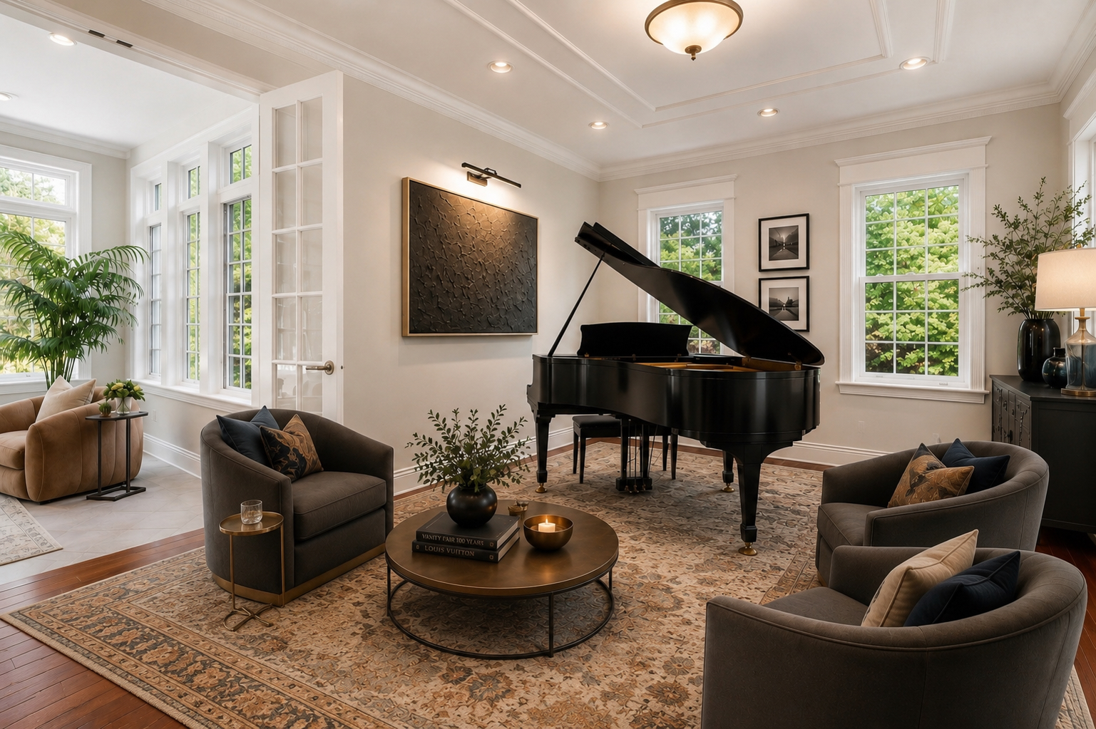 Reimagined music conservatory with grand piano, dark velvet swivel chairs, brass coffee table, and layered art