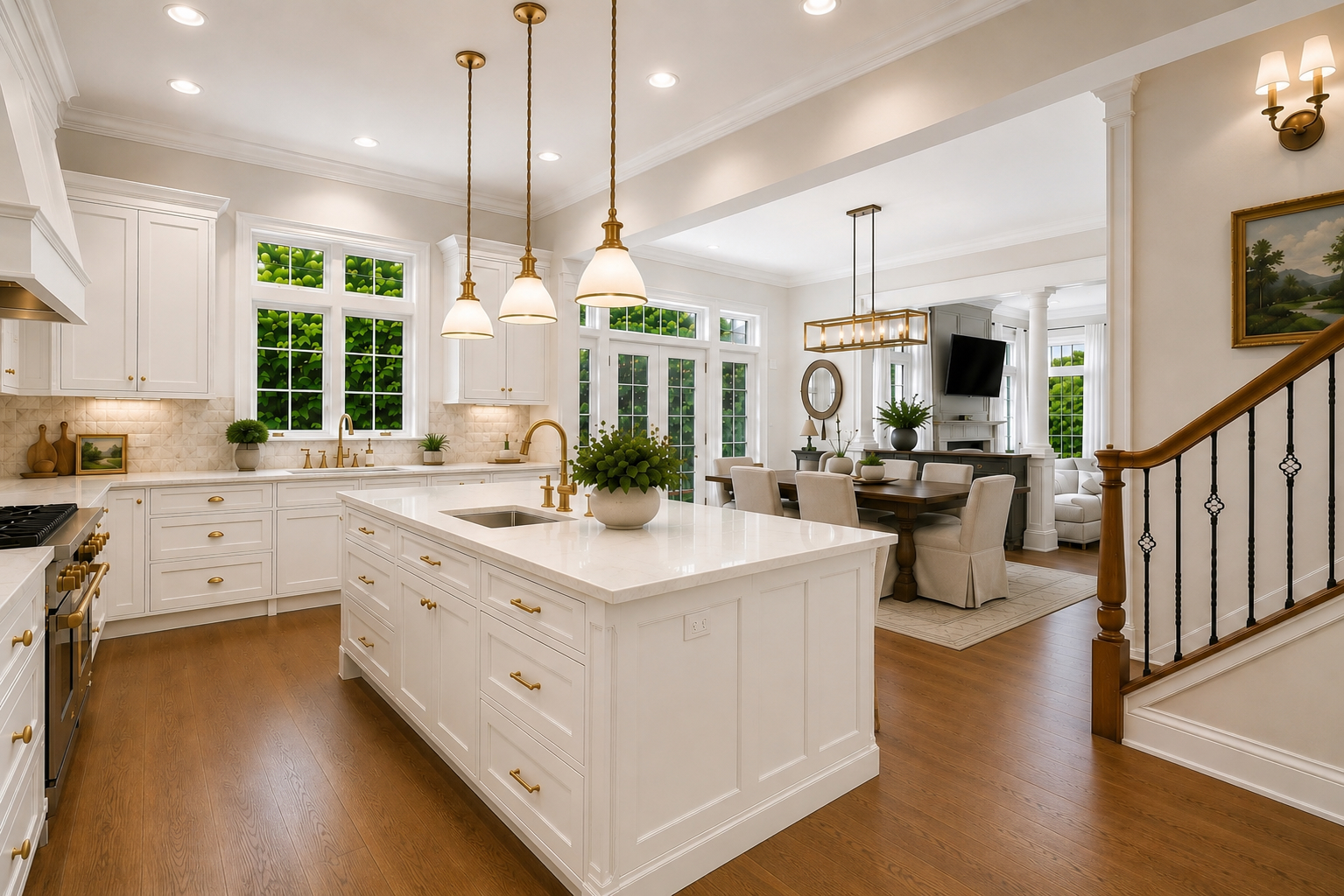 Reimagined kitchen with all-white island, brass hardware, and warm wood floors