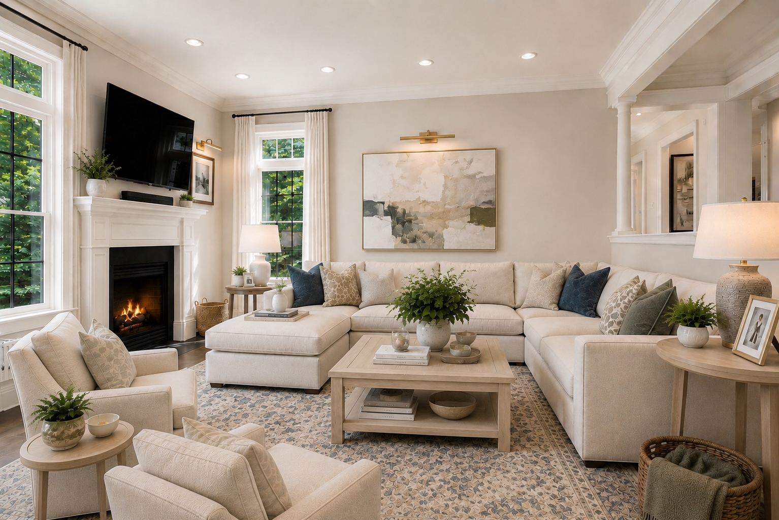 Reimagined family room with white painted mantel, mounted TV, large cream sectional, abstract landscape art, and patterned area rug
