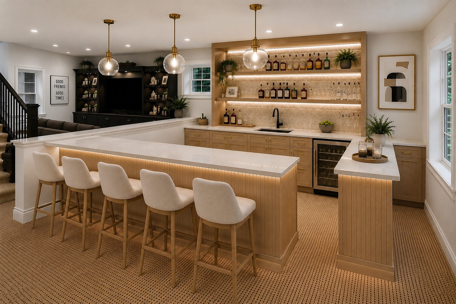 Reimagined lower level as a light oak bar with fluted paneling, brass pendants, and white quartz counters
