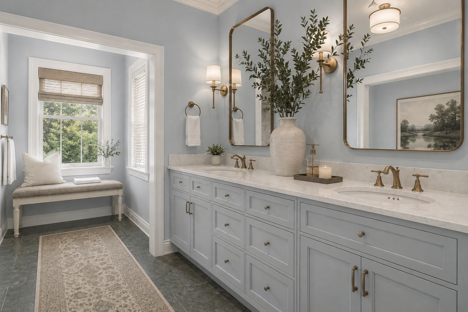 Reimagined primary bath with pale blue walls, dove-gray cabinetry, brass fixtures, and slate tile floor