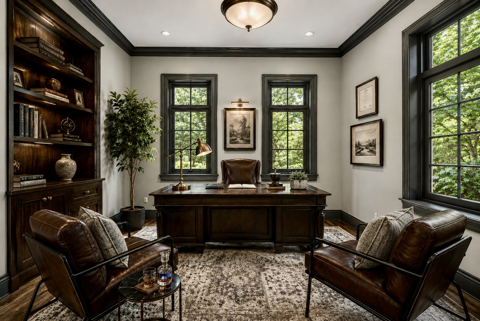 Reimagined main floor office as a traditional library study with dark wood built-ins, leather chairs, and moody trim