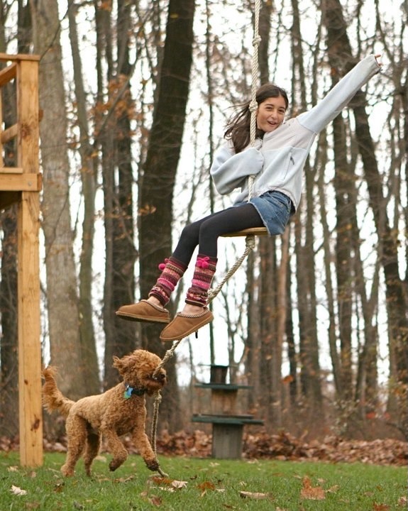 A smiling girl on a rope swing in the backyard woods with a goldendoodle running alongside