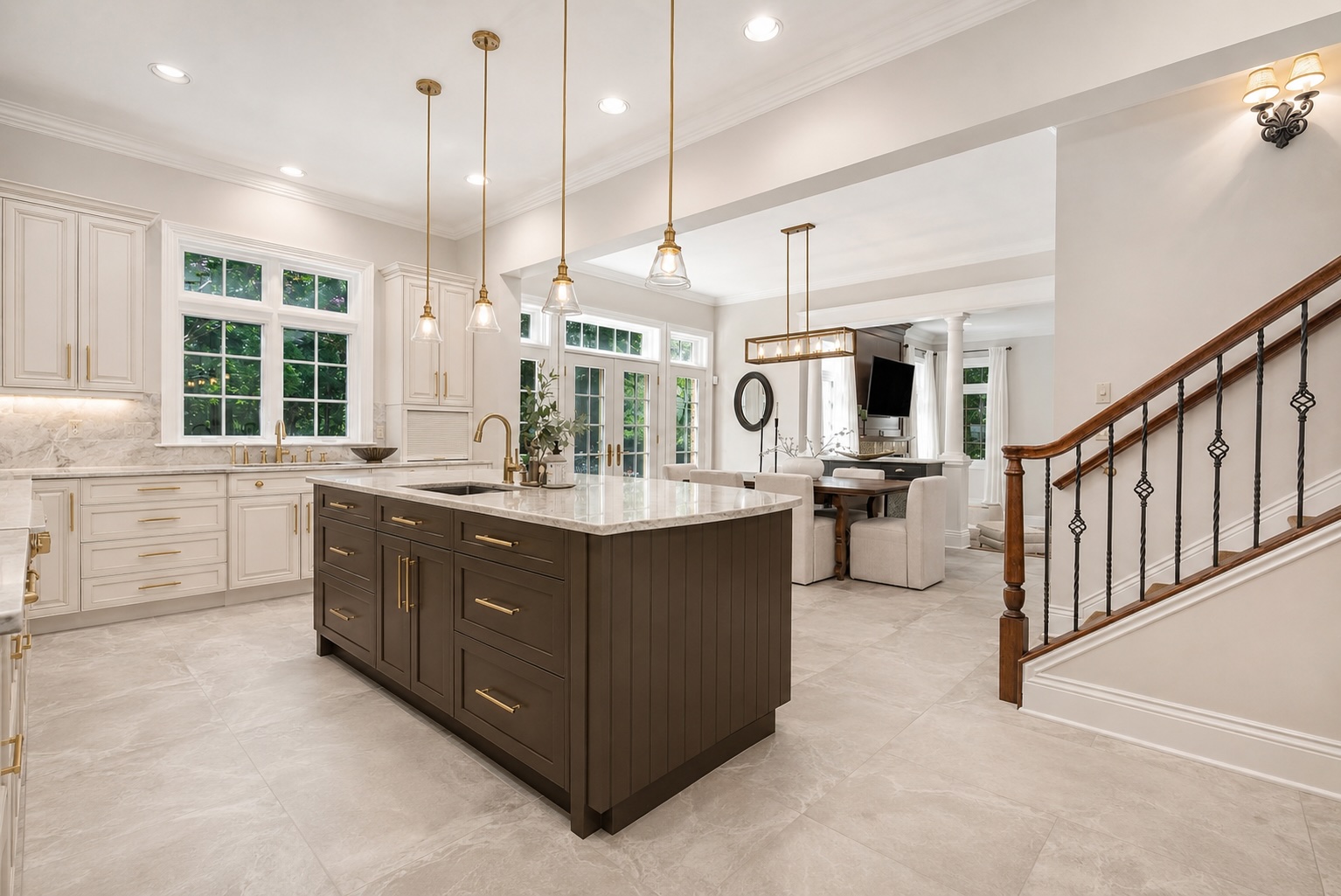 Reimagined kitchen keeping the dark island with marble counters and porcelain floors