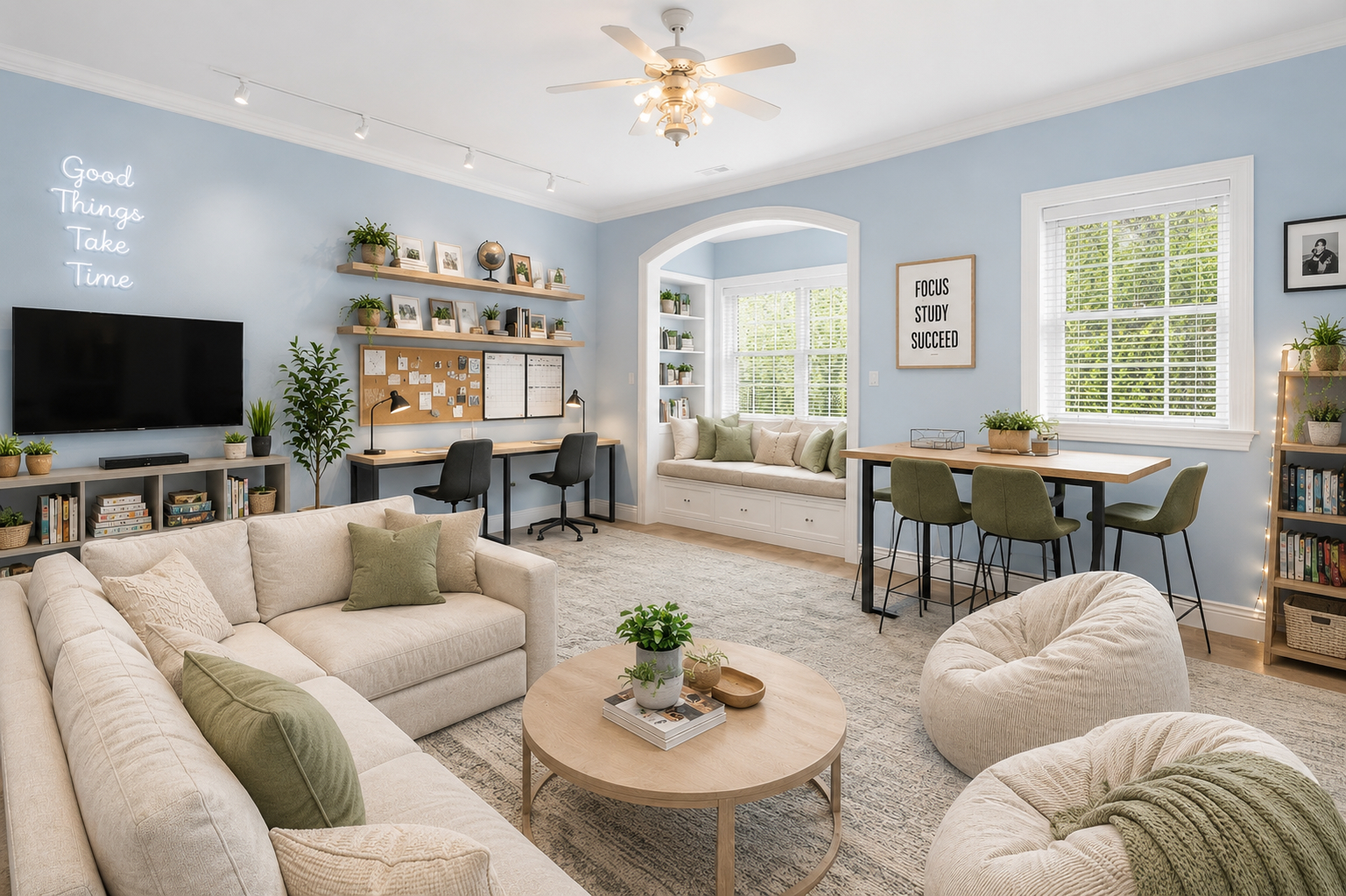 Reimagined rec room as a family hangout and study lounge with sectional, dual desks, homework bar, and neon sign