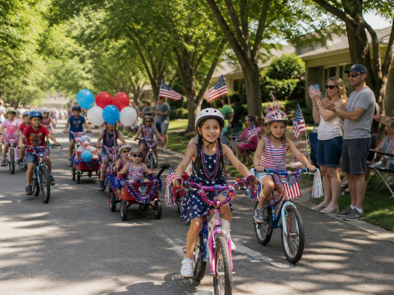 Children riding decorated bikes and wagons down a tree-lined street in a neighborhood parade