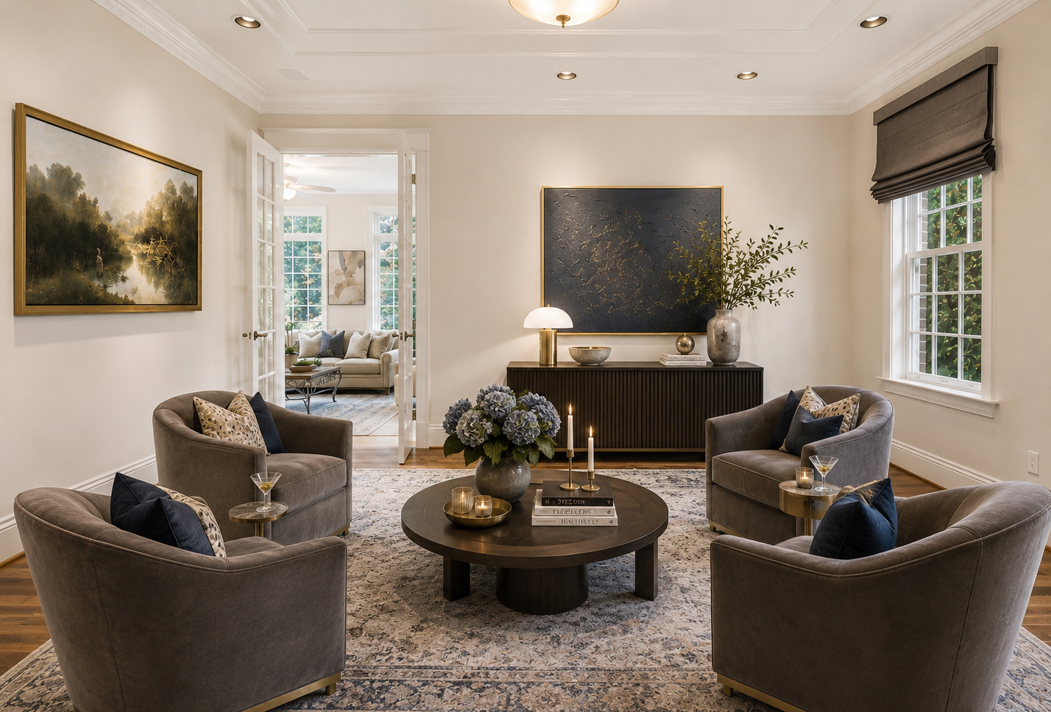 Reimagined lounge with four velvet swivel chairs around a dark round coffee table, fluted credenza, and moody art