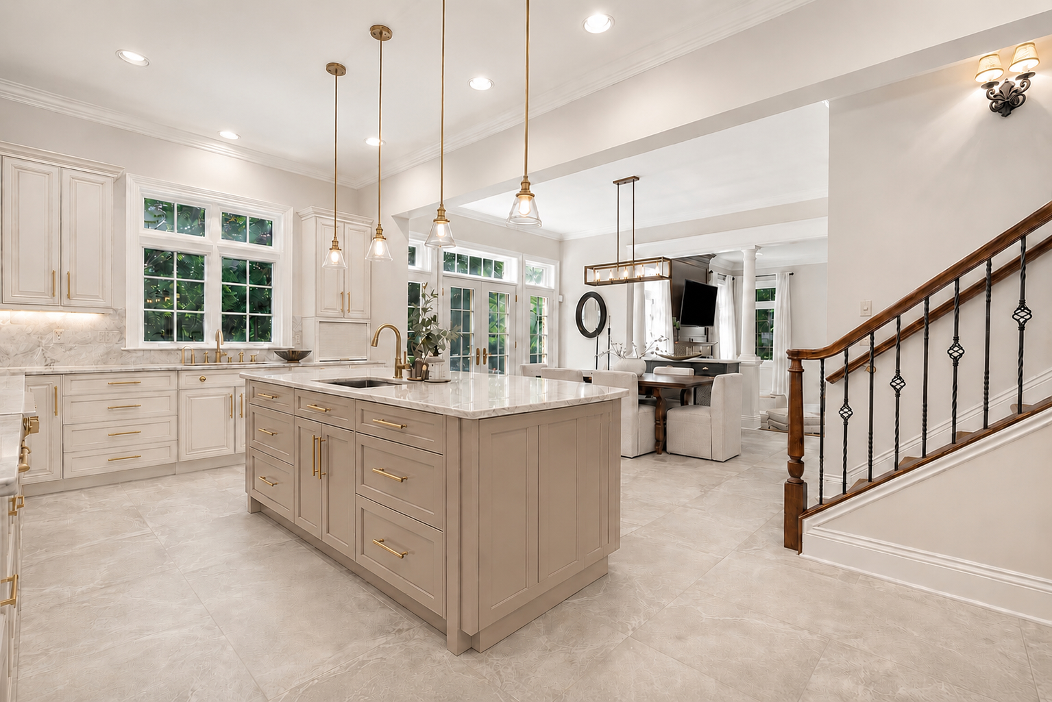 Reimagined kitchen with warm greige island, marble counters, and porcelain floors