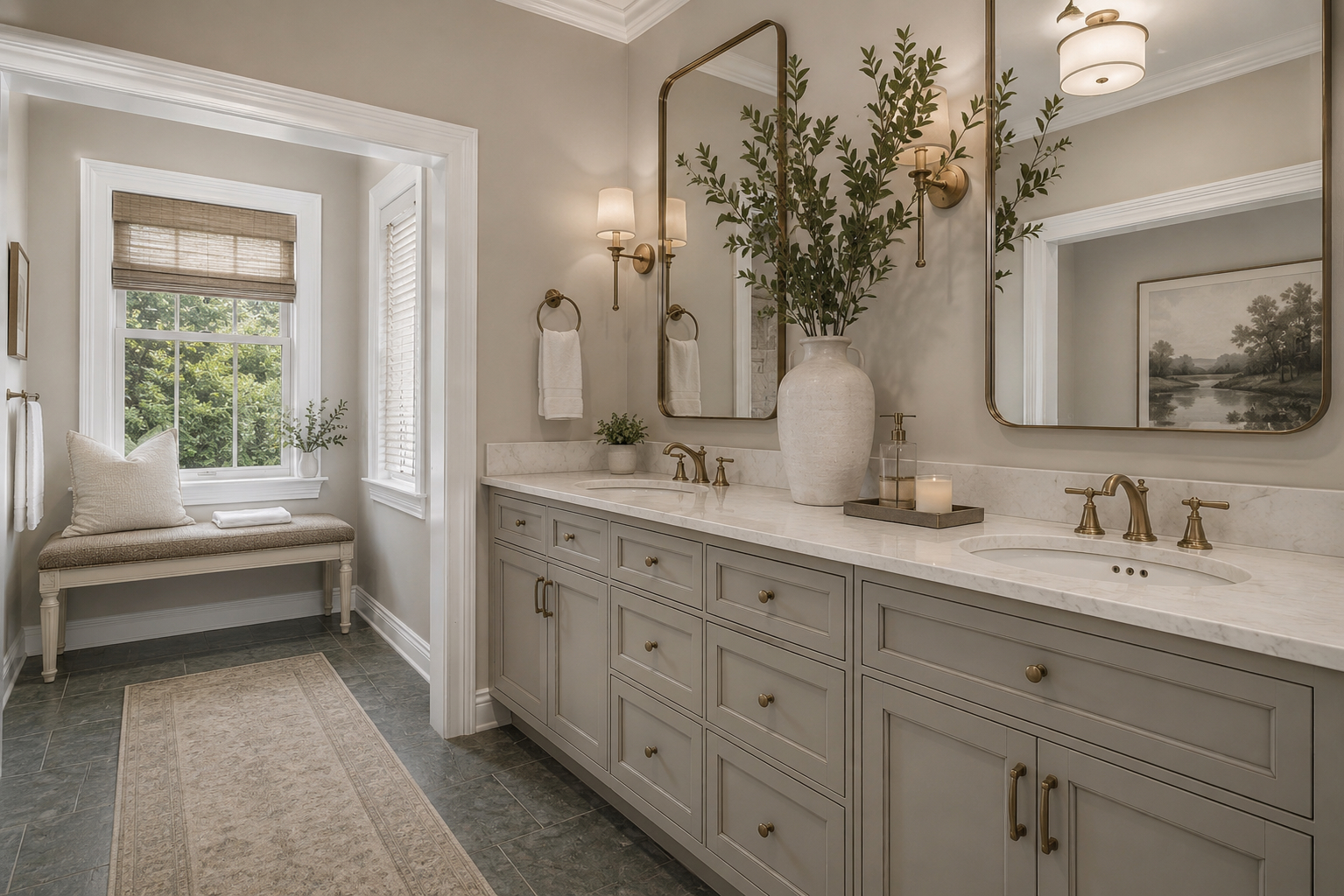 Reimagined primary bath with warm greige cabinetry, brass fixtures, arched mirrors, and marble counters
