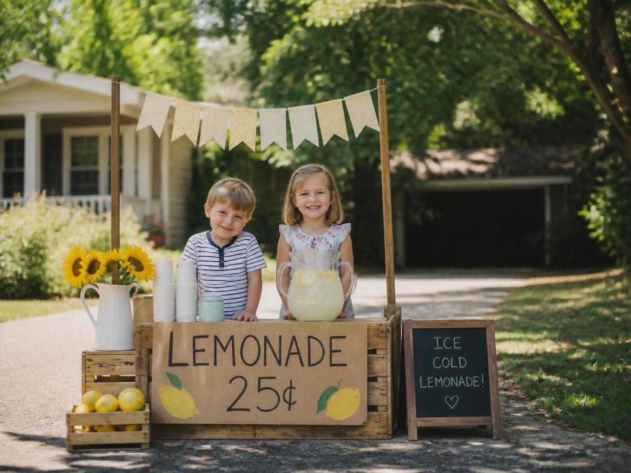 Two young siblings smiling behind a handmade lemonade stand at the end of a driveway